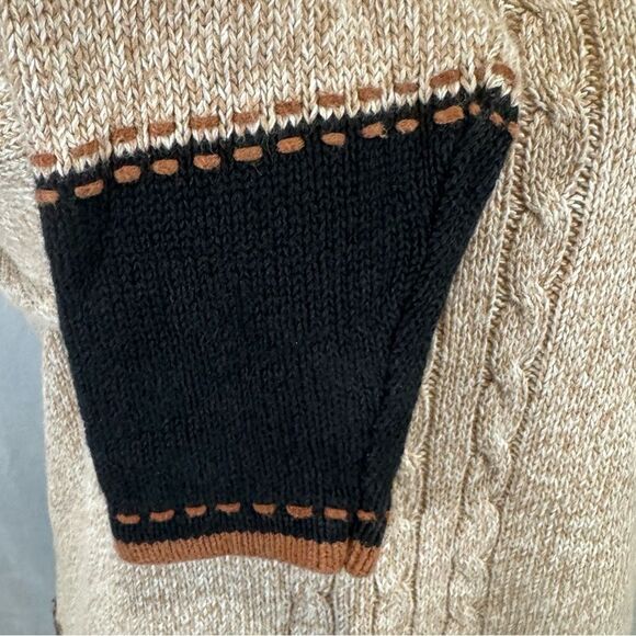 Erika Ramie Cotton blend tan & black fall leaf block pattern knit sweater medium - Picture 4 of 6